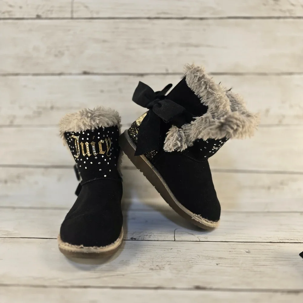 Juicy Couture Burbank Black Faux Fur‎ Bow Boots Girls Size 11M FJ4651 Rhinestone